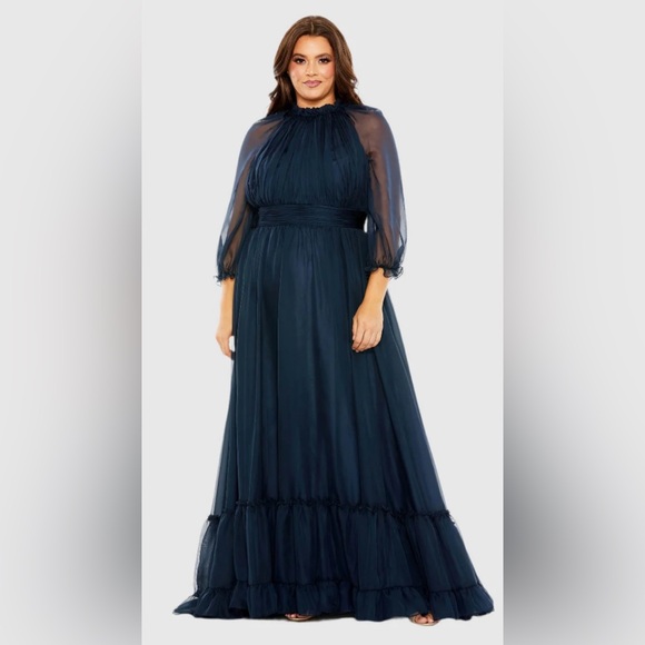 Mac Duggal Dresses & Skirts - New MAC DUGGAL Navy High Neck Puff Sleeve Tiered A Line Gown  24W #68426